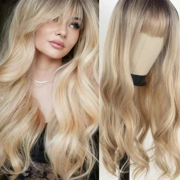 26” Balayage Light Blonde Wavy long Hair Wig & bangs Natural look for daily use - Picture 8 of 10